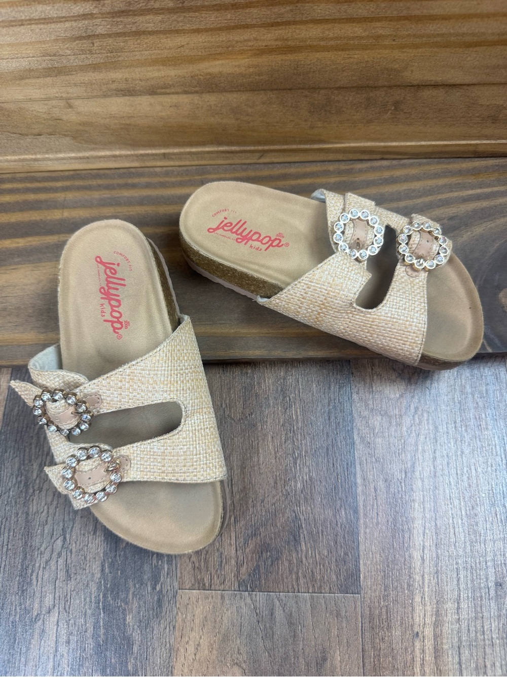 Jellypop Beige Rhinestone Buckle Slide Sandals Girls 12